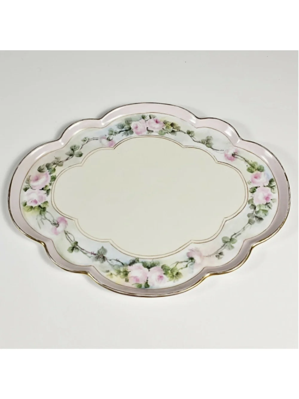 Antique GDA Limoges France Vanity Tray Hand Painted Pink Roses Gold Trim 1900